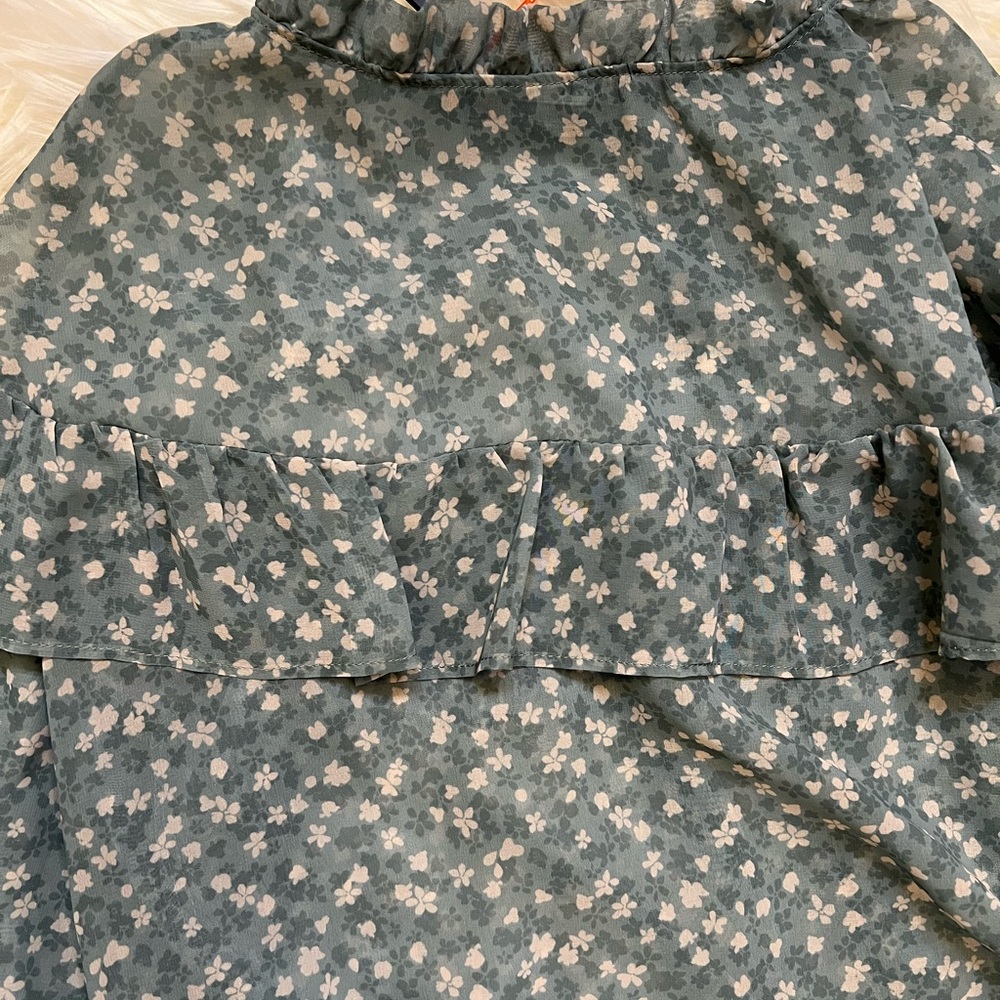 Zara Teal Floral Ruffle Button-Up Blouse - Picture 4 of 9